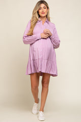 Lavender Button Up Tiered Long Sleeve Maternity Dress