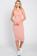 Light Pink Ribbed Fitted Maternity Midi Dress