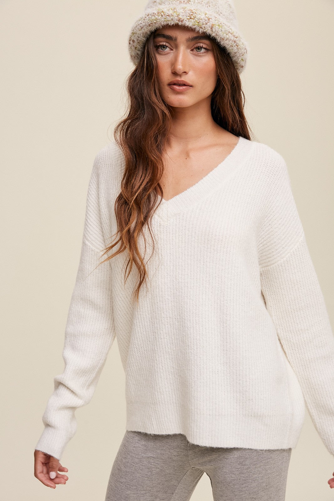 Cream V-Neck Relaxed Fit Sweater – PinkBlush