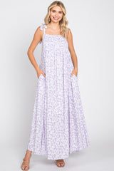 Purple Floral Smocked Shoulder Tie Maternity Maxi Dress