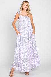 Purple Floral Smocked Shoulder Tie Maxi Dress