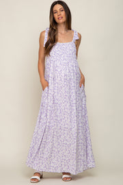 Purple Floral Smocked Shoulder Tie Maternity Maxi Dress