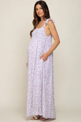 Purple Floral Smocked Shoulder Tie Maternity Maxi Dress