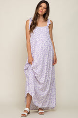 Purple Floral Smocked Shoulder Tie Maternity Maxi Dress