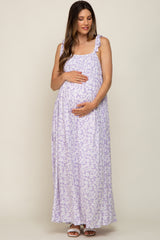 Purple Floral Smocked Shoulder Tie Maternity Maxi Dress