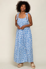 Light Blue Floral Smocked Shoulder Tie Maxi Dress