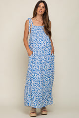 Light Blue Floral Smocked Shoulder Tie Maternity Maxi Dress