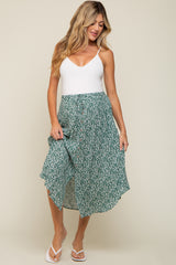 Green Floral Button Accent Maternity Midi Skirt