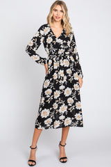 Black Floral Wrap Front Waist Tie Maternity Midi Dress