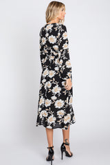 Black Floral Wrap Front Waist Tie Midi Dress