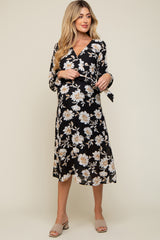 Black Floral Wrap Front Waist Tie Maternity Midi Dress