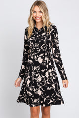 Black Button Front Side Tie Long Sleeve Dress