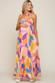 Yellow Printed Halter Maternity Maxi Dress