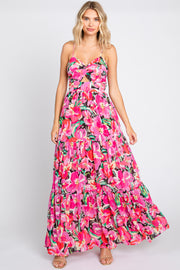 Fuchsia Floral Front Twist Lace Up Back Maxi Dress