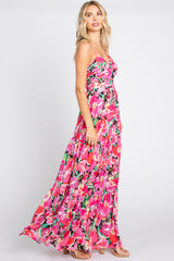 Fuchsia Floral Front Twist Lace Up Back Maxi Dress