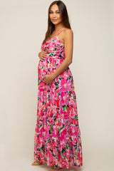 Fuchsia Floral Front Twist Lace Up Back Maternity Maxi Dress