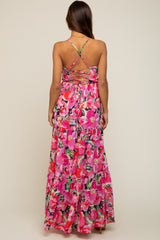 Fuchsia Floral Front Twist Lace Up Back Maternity Maxi Dress