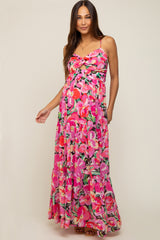 Fuchsia Floral Front Twist Lace Up Back Maternity Maxi Dress