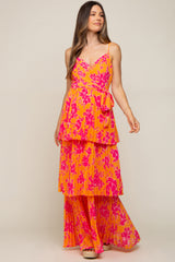 Orange Floral Pleated Tiered Maternity Maxi Dress