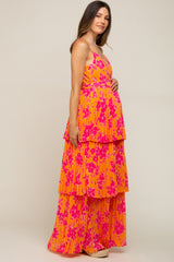 Orange Floral Pleated Tiered Maternity Maxi Dress