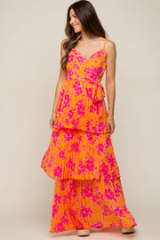 Orange Floral Pleated Tiered Maternity Maxi Dress