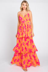 Orange Floral Pleated Tiered Maxi Dress