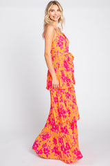 Orange Floral Pleated Tiered Maxi Dress