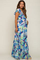 Blue Floral Ruffle Accent Maternity Maxi Dress