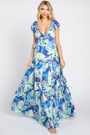 Blue Floral Ruffle Accent Maxi Dress