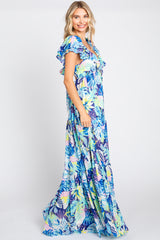 Blue Floral Ruffle Accent Maxi Dress