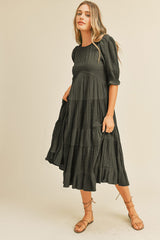 Black Eyelet Puff Sleeve Tiered Midi Dress