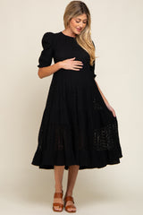 Black Eyelet Puff Sleeve Tiered Maternity Midi Dress