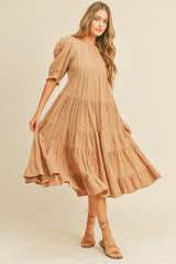 Camel Eyelet Puff Sleeve Tiered Midi Dress