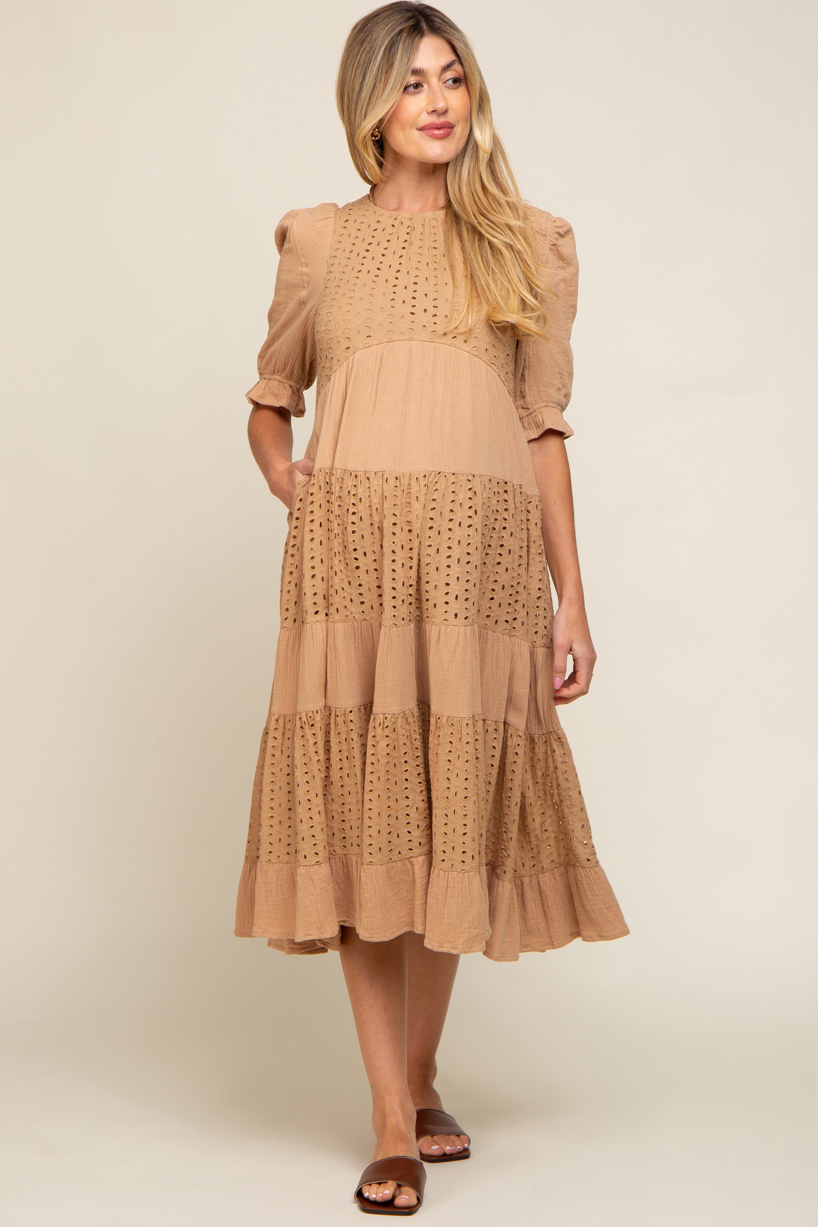 Camel Eyelet Puff Sleeve Tiered Maternity Midi Dress – PinkBlush