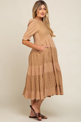 Camel Eyelet Puff Sleeve Tiered Maternity Midi Dress