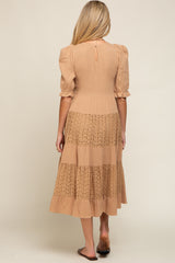 Camel Eyelet Puff Sleeve Tiered Maternity Midi Dress