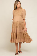 Camel Eyelet Puff Sleeve Tiered Maternity Midi Dress