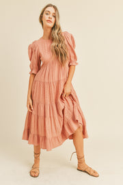 Salmon Eyelet Puff Sleeve Tiered Midi Dress