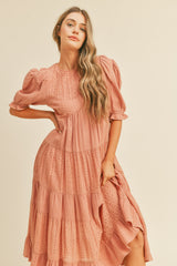 Salmon Eyelet Puff Sleeve Tiered Midi Dress