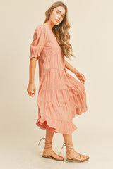 Salmon Eyelet Puff Sleeve Tiered Midi Dress