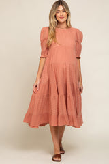 Salmon Eyelet Puff Sleeve Tiered Maternity Midi Dress