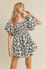 Navy Floral Print Bubble Sleeve Flared Mini Dress