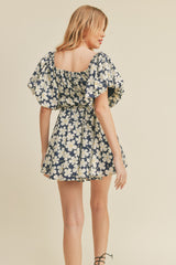 Navy Floral Print Bubble Sleeve Flared Mini Dress