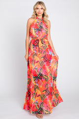 Multi-Color Palm Print Pleated Chiffon Maxi Dress