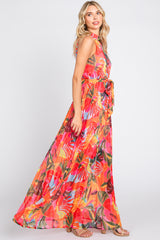 Multi-Color Palm Print Pleated Chiffon Maxi Dress