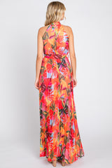 Multi-Color Palm Print Pleated Chiffon Maxi Dress