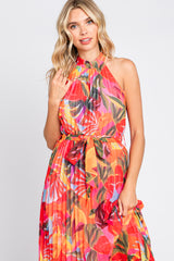 Multi-Color Palm Print Pleated Chiffon Maxi Dress