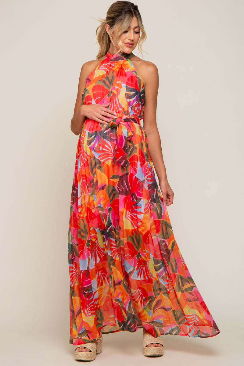 Multi-Color Palm Print Pleated Chiffon Maternity Maxi Dress – PinkBlush