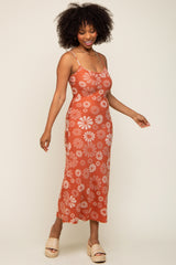 Rust Sleeveless Floral Knit Maxi Dress