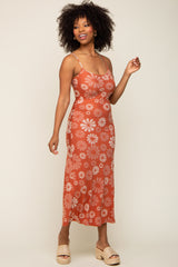 Rust Sleeveless Floral Knit Maxi Dress